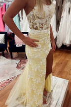Floral Yellow Split Mermaid Prom Evening Dress Y6465 by simplepromdress