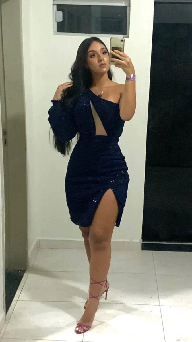 One Sleeve Party Dress Glitter Sequins Homecoming Dress Y5067 by simplepromdress