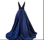 Women's Long Evening Dress Navy Blue V-Neck Sleeveless Open Back Beaded Formal Evening Dress Y1193 by simplepromdress