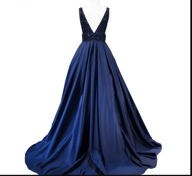 Women's Long Evening Dress Navy Blue V-Neck Sleeveless Open Back Beaded Formal Evening Dress Y1193 by simplepromdress