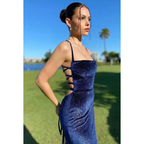 Vintage Spaghetti Straps Navy Blue Velvet Long Mermaid Prom Dress Evening Dress Y7829 by simplepromdress