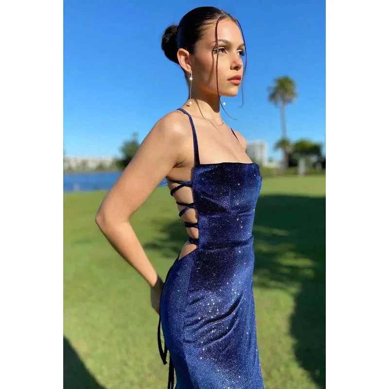 Vintage Spaghetti Straps Navy Blue Velvet Long Mermaid Prom Dress Evening Dress Y7829 by simplepromdress