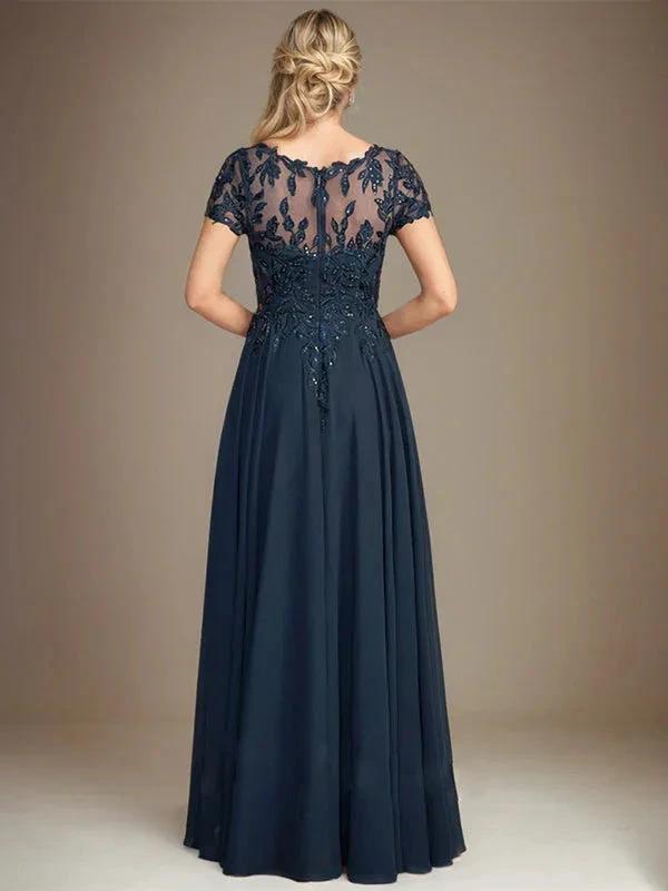 A-Line Scoop Floor-Length Chiffon Mother of the Bride Dress With Applique & Sequins by Dreamylily