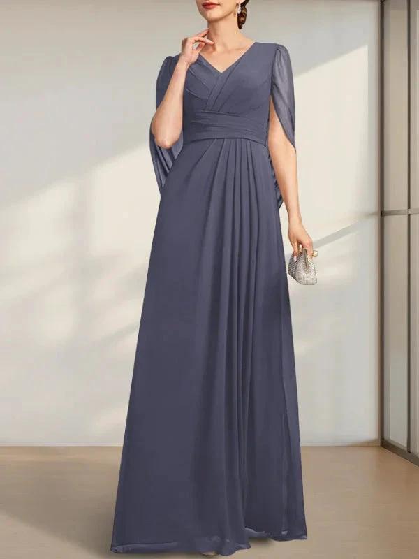 A-line V-Neck Floor-Length Chiffon Mother of the Bride Dress With Pleated by Dreamylily