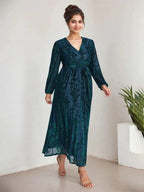A-Line V-Neck Long Sleeves Velvet Tea-Length Mother of the Bride Dress With Split by Dreamylily