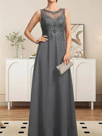 A-line Scoop Illusion Floor-Length Lace Chiffon Mother of the Bride Dress With Sequins by Dreamylily