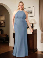 Dusty Blue Sheath Halter Long Mother of Bride Dress With Appliques by Dreamylily
