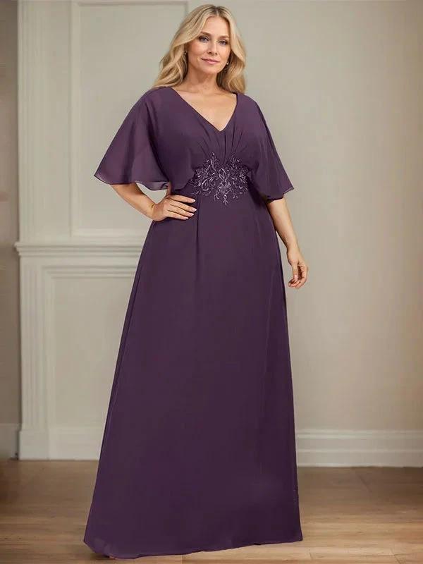 A-line V-Neck Floor-Length Chiffon Mother of the Bride Dress With Pleated Sequins Appliques Lace by Dreamylily