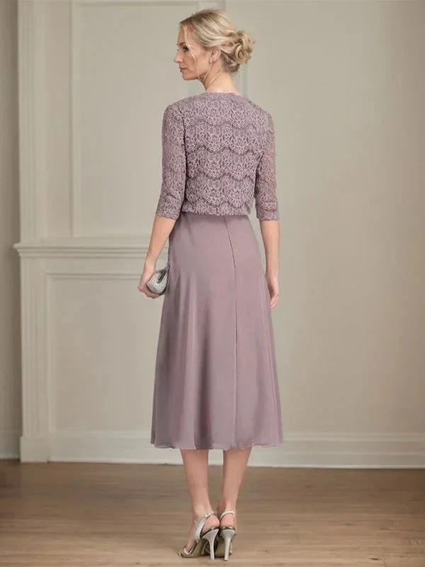 A-line Scoop Tea-Length Chiffon Mother of the Bride Dress With Pleated by Dreamylily