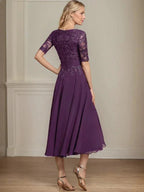 A-line V-Neck Tea-Length Lace Chiffon Mother of the Bride Dress With Sequins by Dreamylily