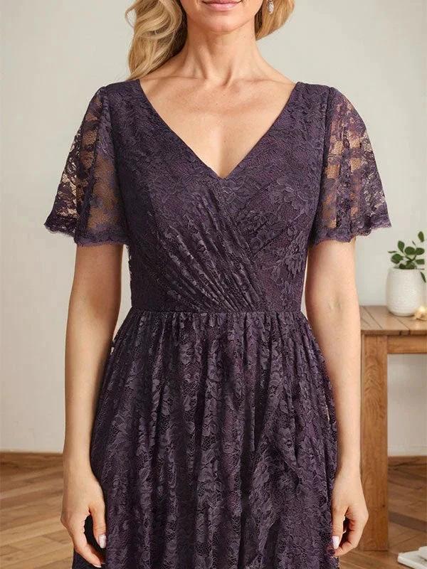 A-Line V-Neck Asymmetrical Lace Mother of the Bride Dress With Cascading Ruffles by Dreamylily