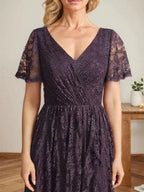 A-Line V-Neck Asymmetrical Lace Mother of the Bride Dress With Cascading Ruffles by Dreamylily