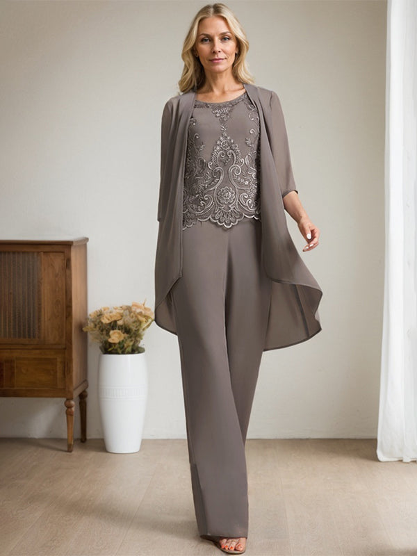 Separates Jumpsuit/Pantsuit Scoop Floor-Length Chiffon Lace Mother of the Bride Dress With Beading Sequins