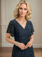 Vestido de gasa con encaje y escote en V para madre de la novia, largo hasta la rodilla 