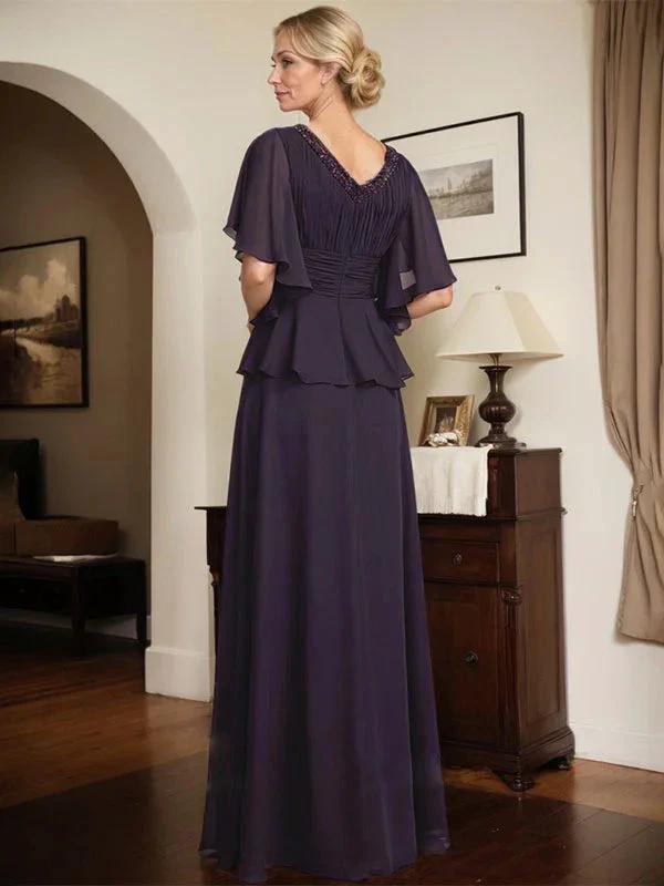 A-line V-Neck Floor-Length Chiffon Mother of the Bride Dress With Pleated Beading by Dreamylily