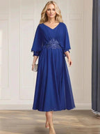 A-line V-Neck Tea-Length Chiffon Mother of the Bride Dress With Pleated Sequins Appliques Lace Beadind by Dreamylily