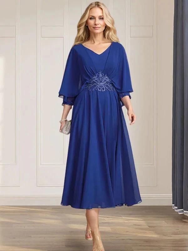A-line V-Neck Tea-Length Chiffon Mother of the Bride Dress With Pleated Sequins Appliques Lace Beadind by Dreamylily