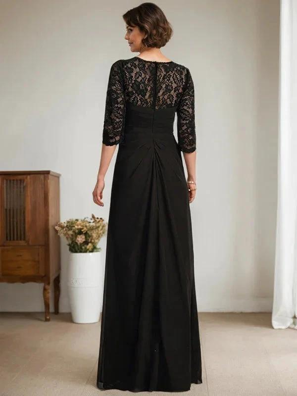 A-Line Scoop Illusion Floor-Length Lace Chiffon Mother Of the Bride Dress With Beading Ruffles by Dreamylily