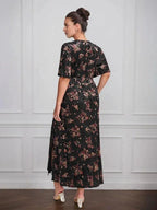 Vintage Plain V-Neck Short Sleeves Velvet Tea-Length Mother of the Bride Dress With Slit by Dreamylily