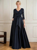 A-line V-Neck Floor-Length Satin Lace Mother of the Bride Dress With Sequins Bow by Dreamylily