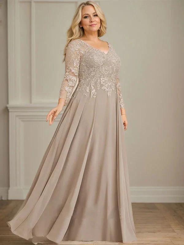 A-line V-Neck Floor-Length Lace Chiffon Mother of the Bride Dress With Sequins by Dreamylily