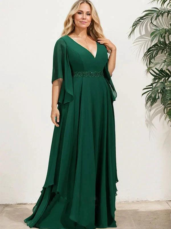 A-line V-Neck Floor-Length Chiffon Mother of the Bride Dress With Sequins Appliques Lace Beading by Dreamylily