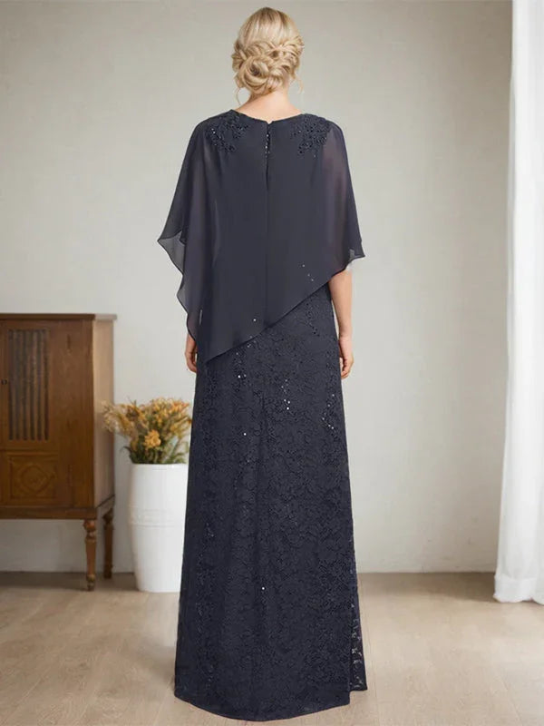 Vestido de madre de la novia de gasa con encaje, escote redondo y largo hasta el suelo, con lentejuelas y abalorios