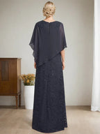 Vestido de madre de la novia de gasa con encaje, escote redondo y largo hasta el suelo, con lentejuelas y abalorios