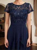 A-line Scoop Illusion Asymmetrical Chiffon Lace Mother of the Bride Dress With Bow Ruffle Sequins by Dreamylily