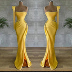 Yellow Long Mermaid Asymmetrical Beads Satin Prom Dress With Sleeves by BIZTUNNEL