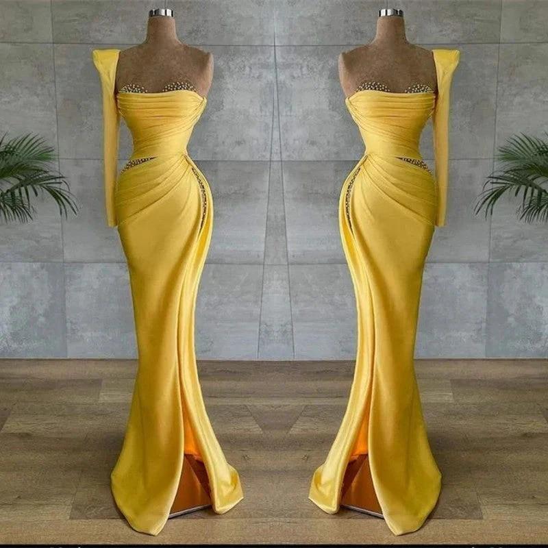 Yellow Long Mermaid Asymmetrical Beads Satin Prom Dress With Sleeves by BIZTUNNEL