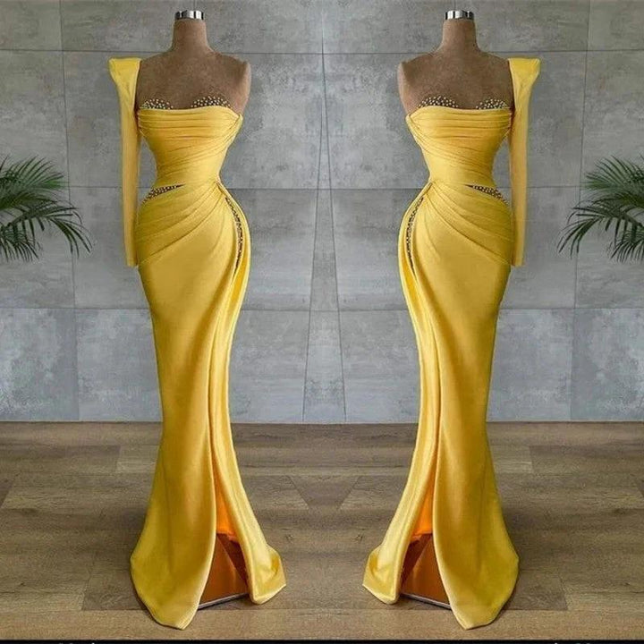Yellow Long Mermaid Asymmetrical Beads Satin Prom Dress With Sleeves by BIZTUNNEL