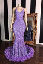 Sleeveless Halter Mermaid Prom Dress with Sequins and Feather Detail by BIZTUNNEL