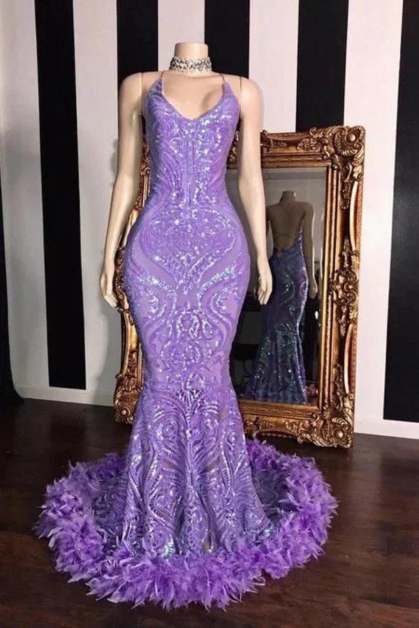 Sleeveless Halter Mermaid Prom Dress with Sequins and Feather Detail by BIZTUNNEL