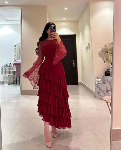 Vestido de fiesta con lentejuelas para mujer, de gasa, con capas, color burdeos, Y7616