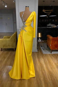 Yellow Mermaid Long One Shoulder Satin Prom Dress with Sleeves by BIZTUNNEL