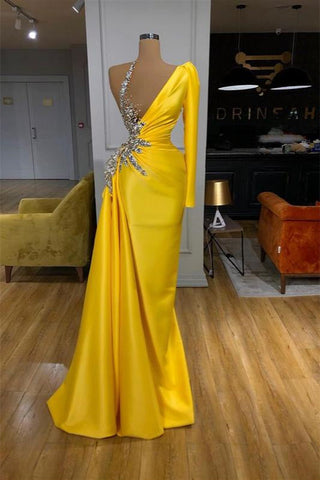 Yellow Mermaid Long One Shoulder Satin Prom Dress with Sleeves