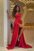 Sleek Crimson One-Shoulder Long Prom Dress with Dramatic Slit by BIZTUNNEL