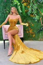 Long Strapless Velvet Mermaid Prom Dress with Split by BIZTUNNEL