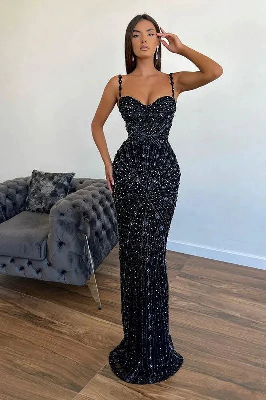 Spaghetti Straps Black Meimaid Long Prom Dress with Applique and Beads by BIZTUNNEL