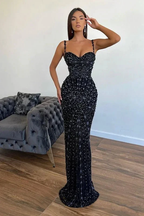 Spaghetti Straps Black Meimaid Long Prom Dress with Applique and Beads by BIZTUNNEL