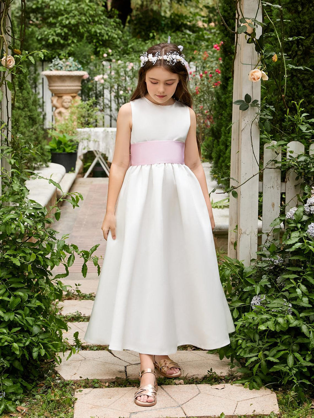 Ivory Satin Flower Girl Ball Gown with Sash Bow | Ankle-Length Tulle Dress (0… - photo 3