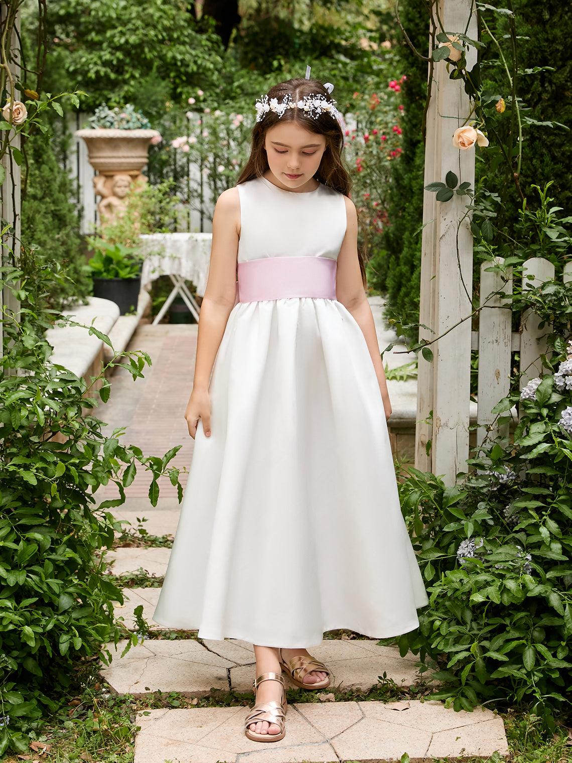 Ivory Satin Flower Girl Ball Gown with Sash Bow | Ankle-Length Tulle Dress (0… - photo 3