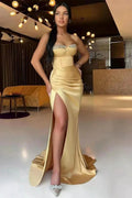 Long Strapless Satin Beadings Mermaid Prom Dress with Split by BIZTUNNEL