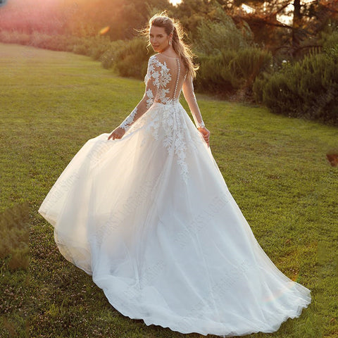 Pastrol Wedding Dresses For Woman Long Sleeves Illusion Back Scoop Bride Gowns Applique A-Line Tulle vestidos de novia