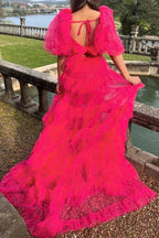 Two-Piece Puff Sleeve Ruffle Glitter Tulle Prom Dress with Slit by KissProm