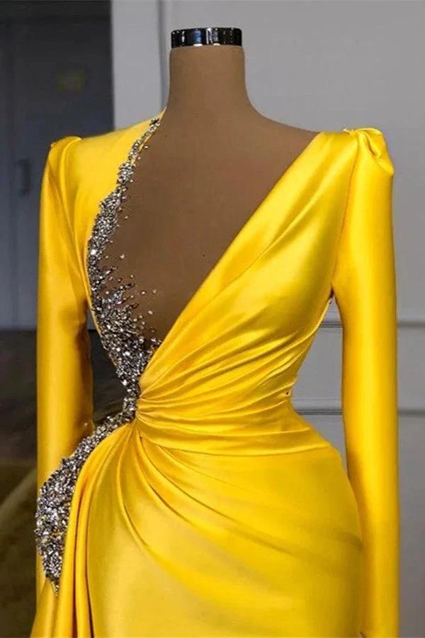 Yellow Long Sleeves Mermaid V-neck Satin Prom Dress with Beads by BIZTUNNEL
