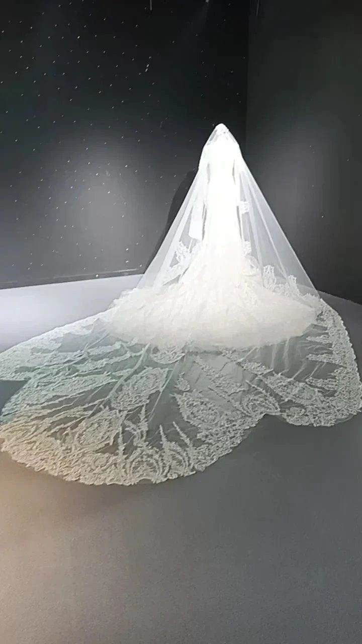 V-neck long sleeved luxurious nail bead trailing bridal veil by ZAPDRESS