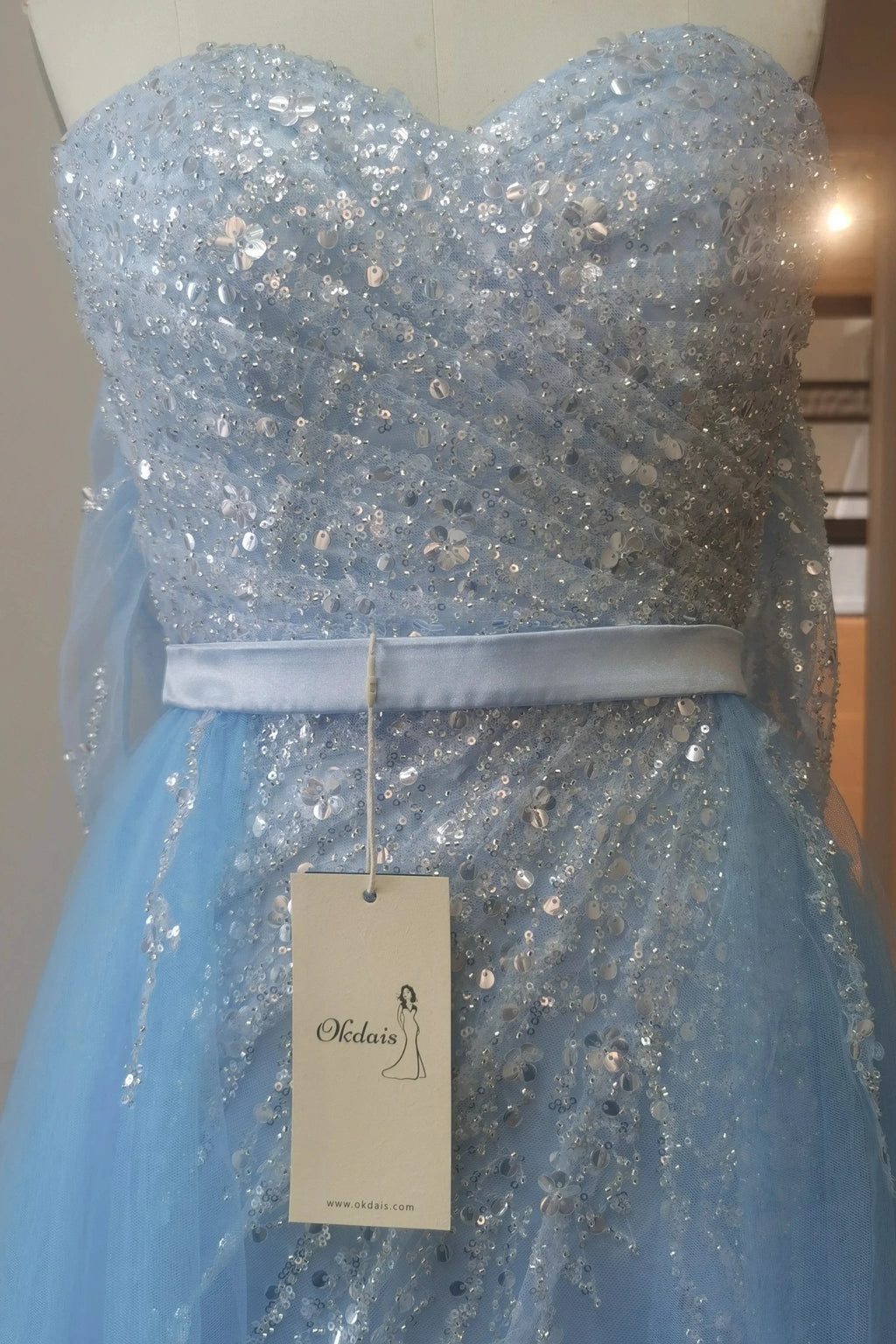 Split Front Sky Blue Off-the-Shoulder Tulle Prom Dress with Sequin Embellishments by BIZTUNNEL