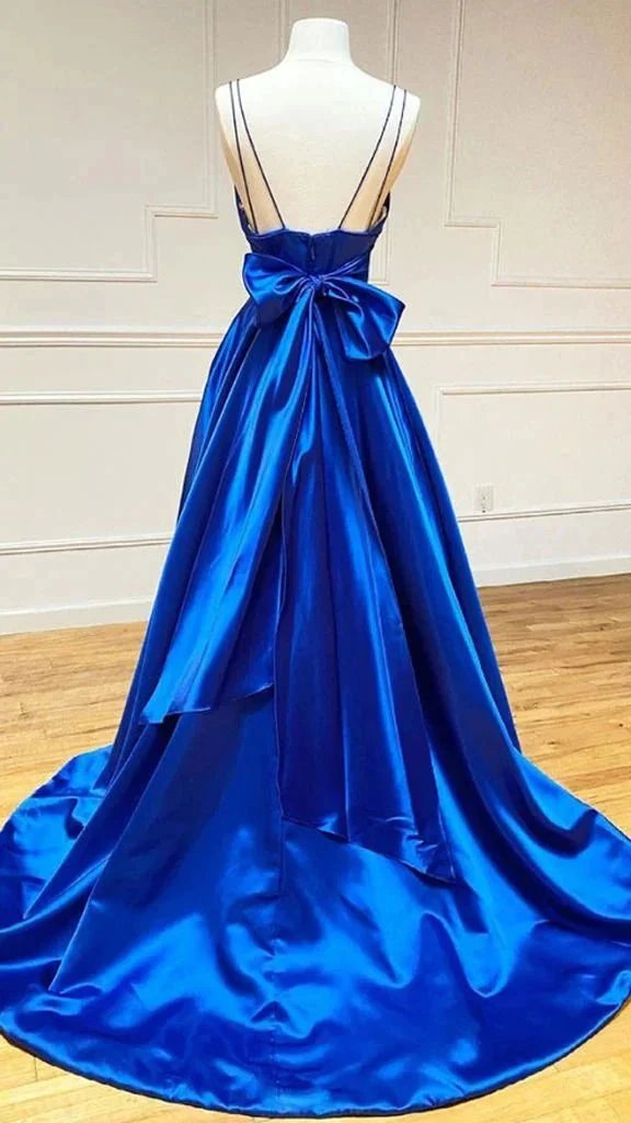 A-line Satin V Neck Royal Blue Prom Dresses Evening Dresses Y1163 by simplepromdress